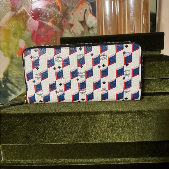 MCM Red and Blue Patterned Wallet / Includes COA